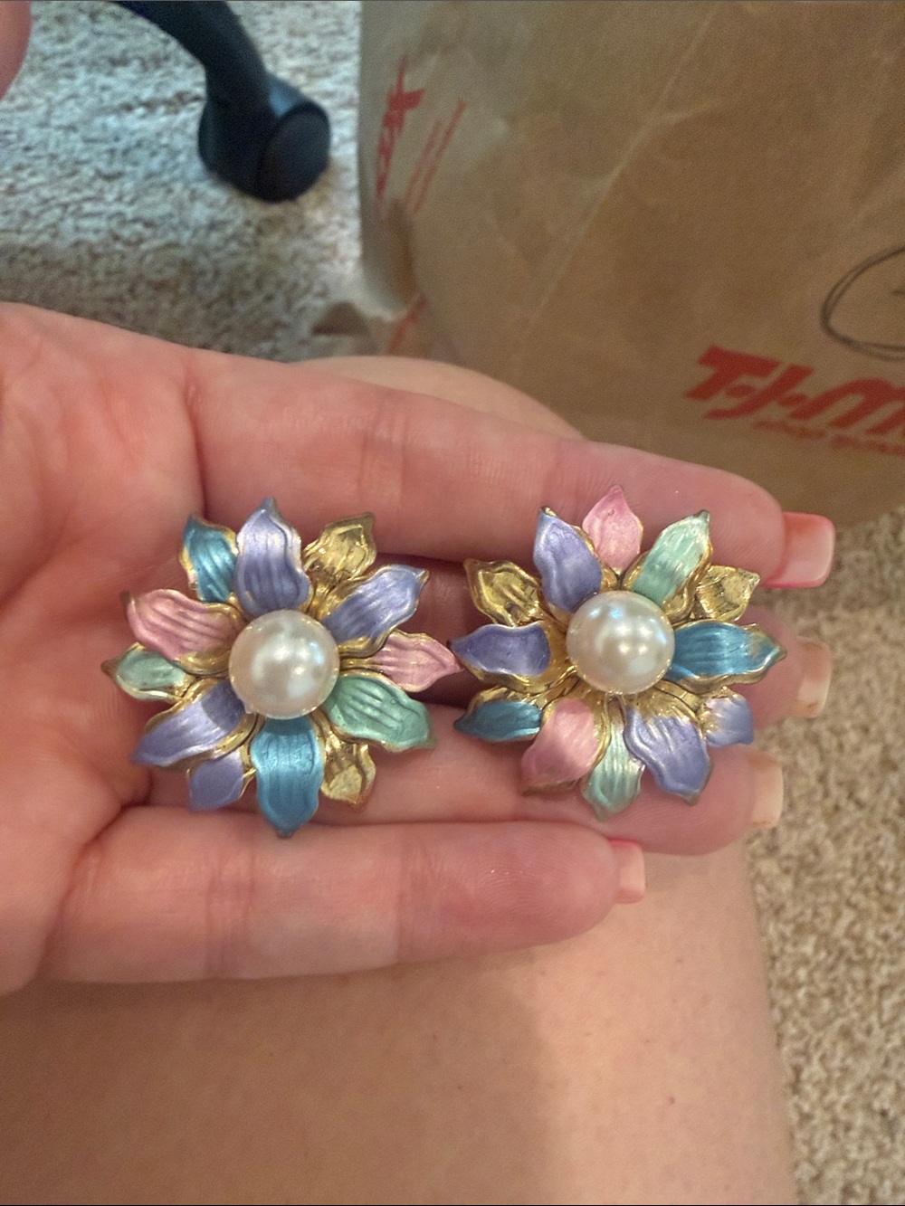 Pastel Multi-Color Floral Pearl Clip-On Earrings - Unbranded